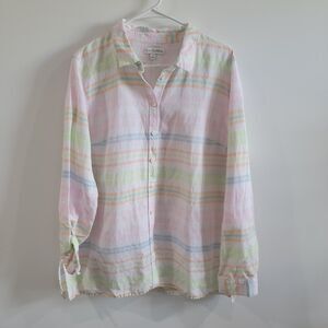 Kim Rogers Womens Button Up Top Size XL Linen Striped Coastal Grandma Beach